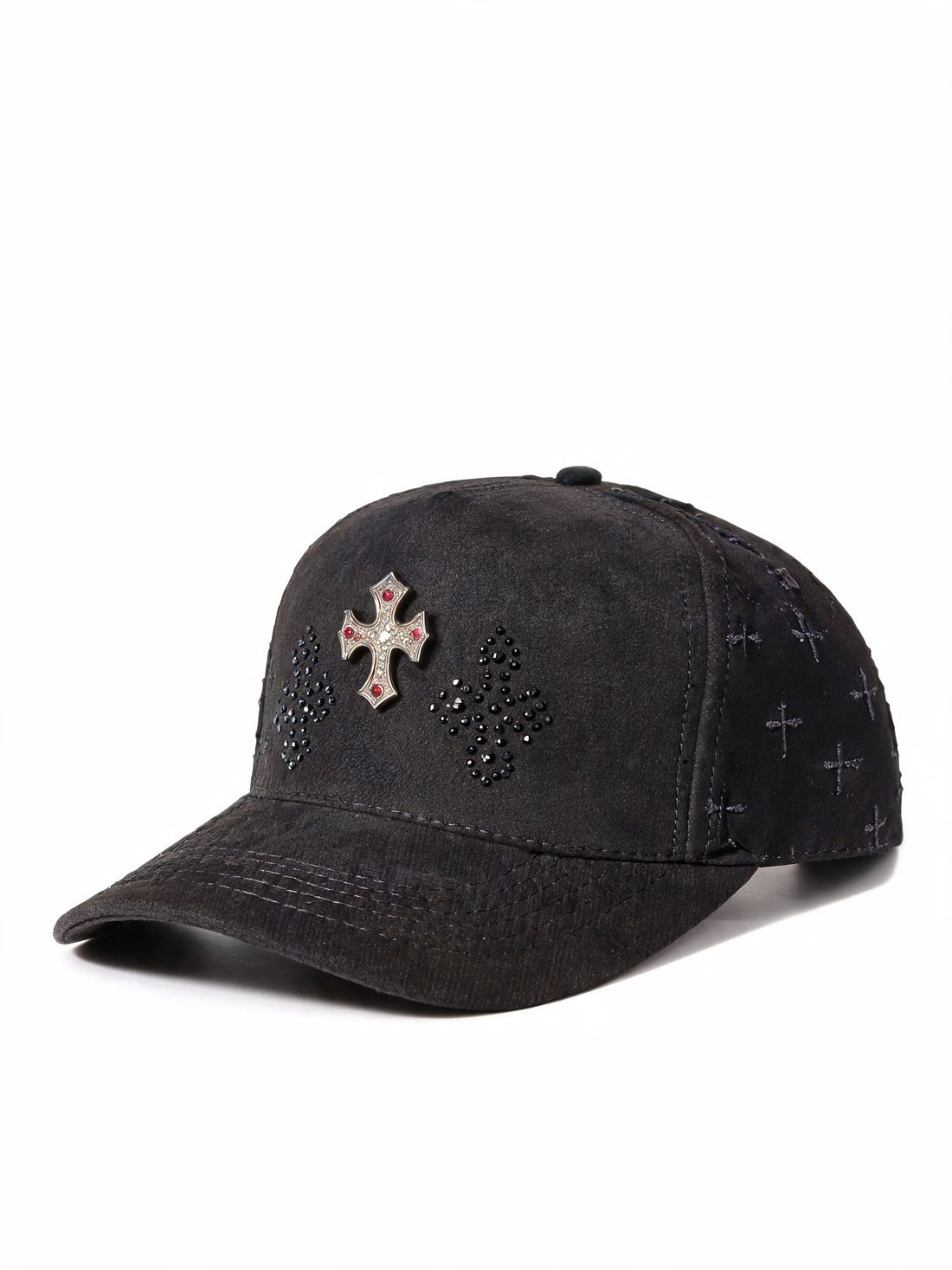 Gorra Tres Coronas en gamuza negra — perfil tres cuartos